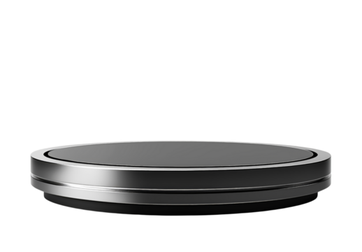 A round, metallic gray podium or stand is isolated on a transparent background.