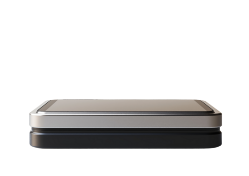 A rectangular, two-tone gray metal podium is isolated on a transparent background.