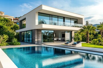 Modern luxury villa with pristine pool, sleek design, and lush landscaping
