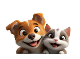 A smiling cartoon dog and cat are together, isolated on a transparent background.
