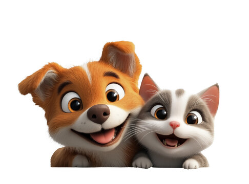 A smiling cartoon dog and cat are together, isolated on a transparent background.