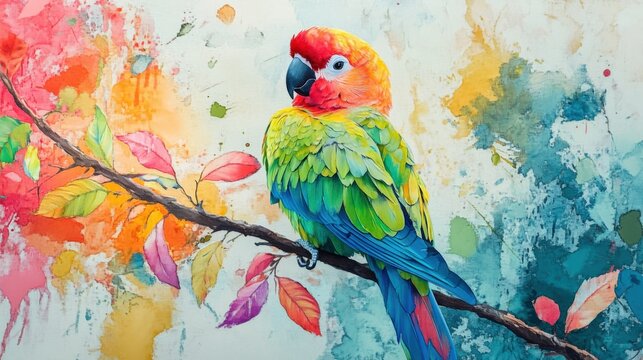 colorful parrot perched on a branch in a vibrant watercolor painting
