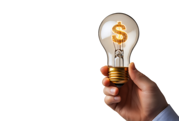 A hand holds a lit light bulb with a dollar sign filament, isolated on a transparent background.