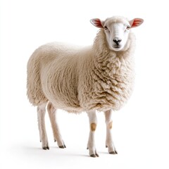 Fototapeta premium A fluffy sheep with thick wool is isolated against a plain white background, exuding tranquility