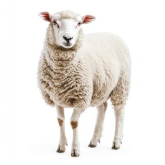 Fototapeta premium A fluffy white sheep stands alone against a bright white backdrop, radiating tranquility