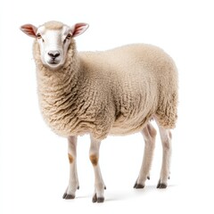 Fototapeta premium A sheep stands alone against a white background, showcasing its soft coat and calm demeanor