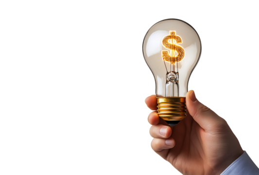 A hand holds a lit light bulb with a dollar sign filament, isolated on a transparent background.