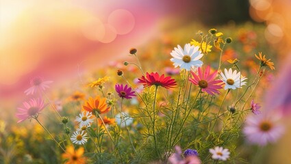 Vibrant wildflowers, including cosmos, daisies, and other colorful blooms, creating a lively and picturesque scene filled with rich hues, natural beauty, and the essence of a blossoming meadow