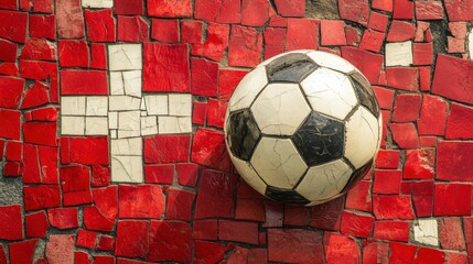 a soccer ball in front of a red and white mosaic wall