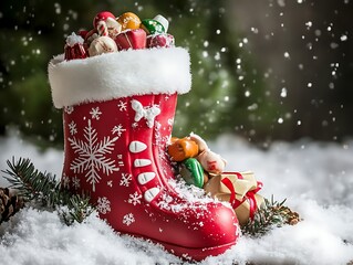Nikolaus boot filled with gifts and goodies, set in a snowy winter scene, ideal for Christmas greeting cards or festive winter designs