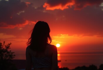 Silhouette of a woman watching the sunset over the ocean.