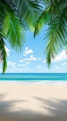 Fototapeta premium Tropical Beach Paradise: Sand, Ocean, Sky, and Palm Trees