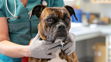 A boxer dog has its collar taken off, preparing for a grooming session in a bright environment