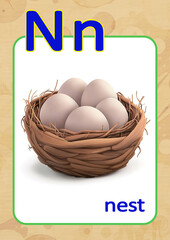 English alphabet for children with pictures, letter N with a picture of a nest