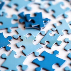Collection of scattered blue puzzle pieces on a white surface.
