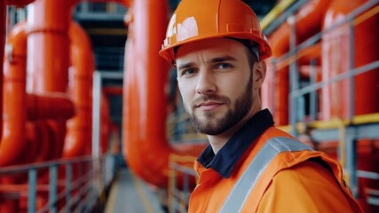 A worker man wearing an orange hard hat and reflective vest poses in a colorful industrial environment, showcasing professionalism and safety
