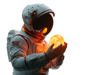 A full-body image of an astronaut holding a small, sun-like orb in their hands, with light shining on them, isolated on a transparent background.