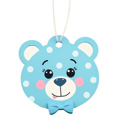 Fototapeta premium Blue bear-shaped tag with polka dots and a bow, perfect for personalized gifts or children’s items