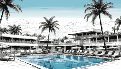 Fototapeta premium Outdoor swimming pool in hotel, empty poolside with chaise lounges, umbrella, inflatable ring or ball in water and palm trees along building facade. Exotic resort landscape Cartoon illustration