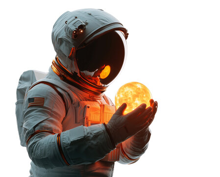A full-body image of an astronaut holding a small, sun-like orb in their hands, with light shining on them, isolated on a transparent background.