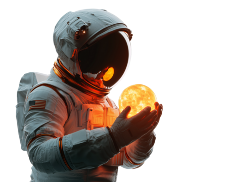 A full-body image of an astronaut holding a small, sun-like orb in their hands, with light shining on them, isolated on a transparent background.