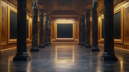 Fototapeta premium The Empty Grand Hallway: A Spacious and Elegant Corridor with Black Marble Pillars.