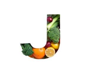 J lettering with vegetables and fruits isolated on a white background,