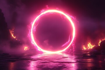 Flaming landscape with a luminous ring portal