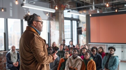 A community leader discusses crime prevention with young individuals in a modern space