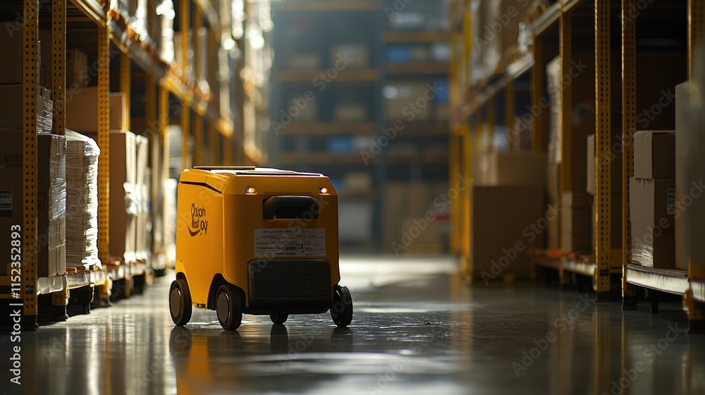 Poster a yellow autonomous delivery robot navigating through a warehouse aisle.