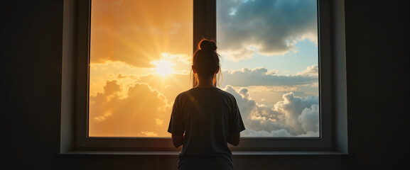 Silhouette of person at window, watching sunrise/sunset, serene atmosphere, concept of reflection and hope