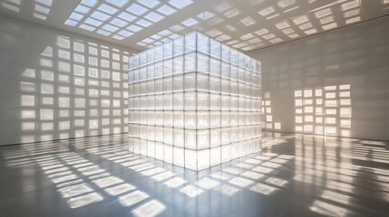 A large cube made of clear glass blocks sits in an empty room with white walls and floor.
