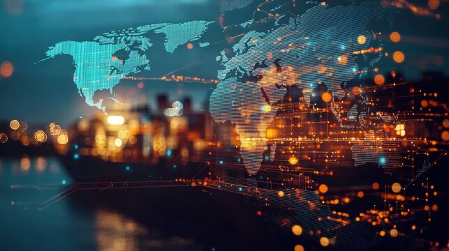 Abstract digital world map with glowing connections against a blurred shipping background.