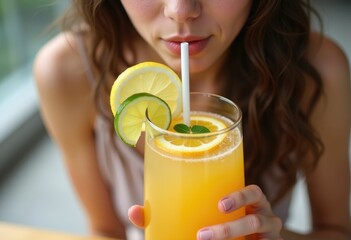 Woman holding a glass of refreshing citrus beverage with a straw.