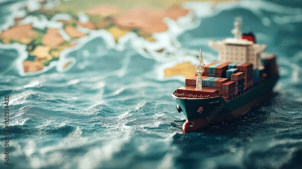 Poster a model cargo ship navigating through vibrant seas with a world map background.