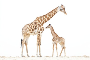 Obraz premium a mother and baby giraffe stand together on a bright white background