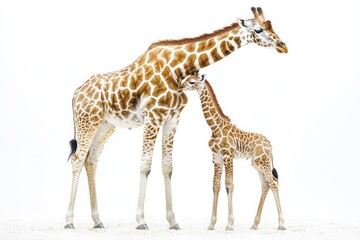 Naklejka premium A baby giraffe standing near its mother in a white background