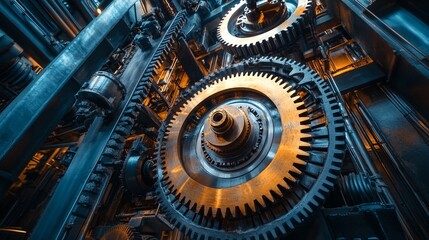 Fototapeta premium Large industrial gears and machinery are depicted in a dark blue and orange color scheme.