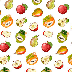 Pattern with jars and fruits.Vector pattern with apples, pears and jars of jam on a transparent background.