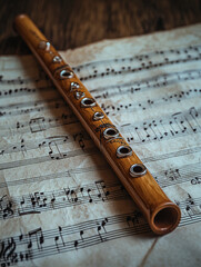 Music notes and bamboo flute on wooden table