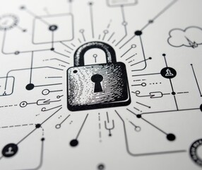 Cyber security Concept Sketch in Black and White Outline Hand Drawn with Padlock and Network Connections. Ideal for technology articles, IT solutions, digital privacy campaigns