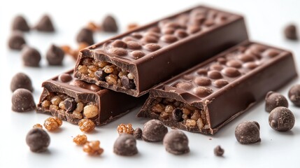 Two milk chocolate bars with crispy cereal and chocolate chips, broken to show inside filling, on white background.