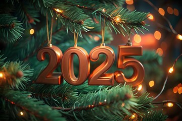 Close up view of the decorated Christmas tree with the numbers 2025 hanging on it. Happy New Year