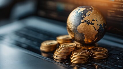 A close-up view of a globe and stacks of gold coins on top of an open laptop keyboard.