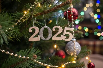 Close up view of the decorated Christmas tree with the numbers 2025 hanging on it. Happy New Year