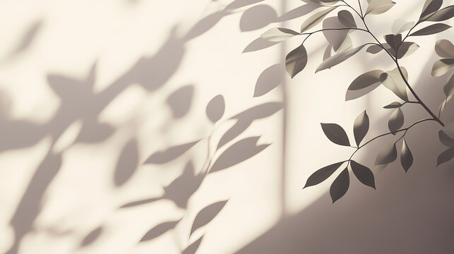 Gentle light seeps through creating calming shadows of leaves on a white wall, conveying serenity and purity in a minimalist setting. Dappled. Illustration