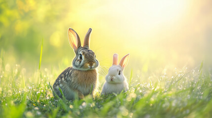 Obraz premium Two adorable rabbits sitting in sunlit grassy meadow