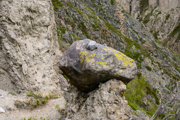 Stone mushrooms. Stone formations on the slope of a high mountain. Altai.