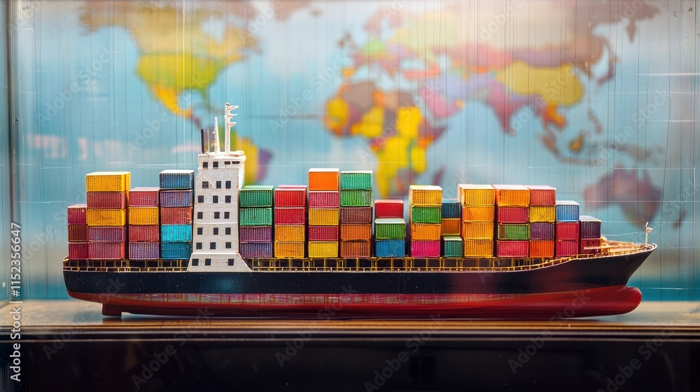 Poster colorful model cargo ship with stacked containers on a world map background.