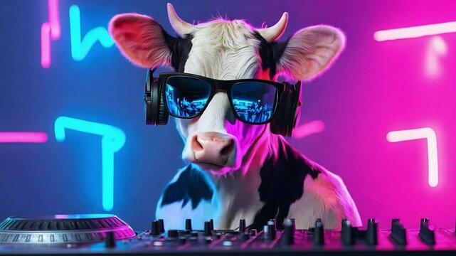 A cool cow dj wearing sunglasses and headphones, mixing music tracks on a turntable in a colorful party setting filled with neon lights